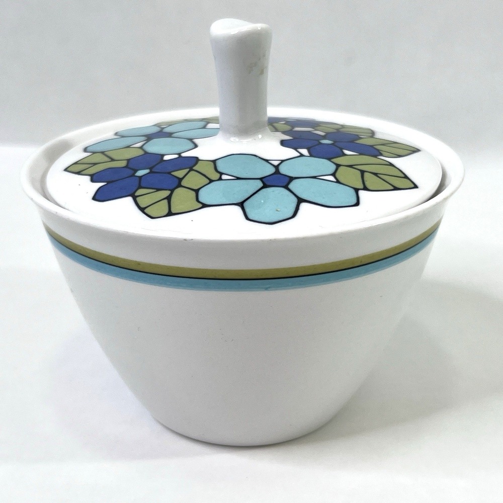 Franciscan Cantata Sugar Bowl With Lid Blue Green Floral MCM Japan